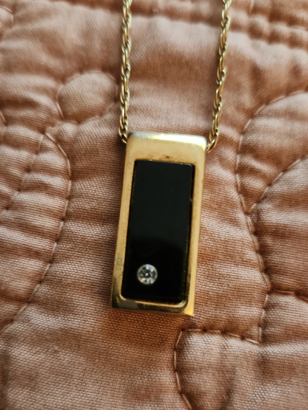 Vintage Avon Gold Tone Black Rectangular Pendant Necklace with Crystal Accent